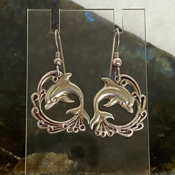 VTG Sterling Silver 925 VIMAR 1.60" Jumping Dolphin Wave Dangle Earrings Sealife - Picture 11 of 16